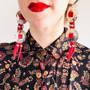 Handcrafted Red Large Genuine Leather Western Silver Concho Fringe Earrings